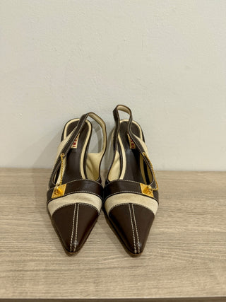 Marni Canvas/ Leather Slip On Pointed Toe Slingback Pumps Brown/Tan Womens EU 40