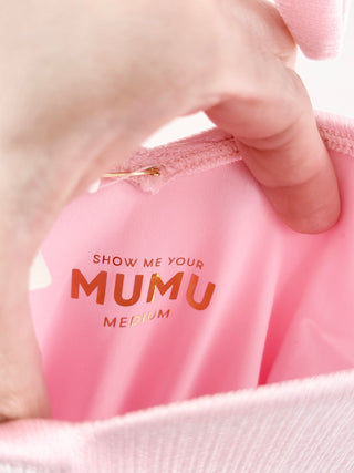 Show Me Your Mumu two-piece shimmer bikini set featuring scoop-neck bikini top with adjustable straps, paired with coordinating high-cut bottoms, M