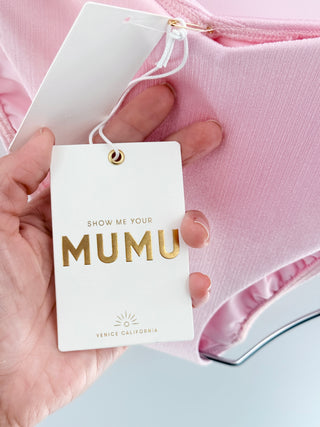 Show Me Your Mumu two-piece shimmer bikini set featuring scoop-neck bikini top with adjustable straps, paired with coordinating high-cut bottoms, M