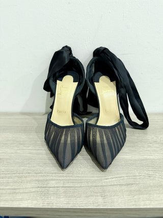 Christian Louboutin Noor 100mm Silk Ankle-Wrap Red Sole Pumps Black Womens 40.5