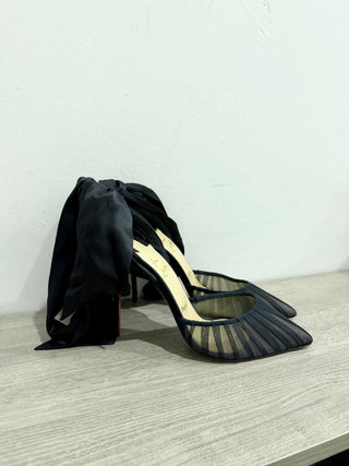 Christian Louboutin Noor 100mm Silk Ankle-Wrap Red Sole Pumps Black Womens 40.5