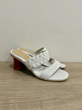 NWT Garces Bottier Woven Strap Round Block Heel Slide Sandals White Womens EU 38