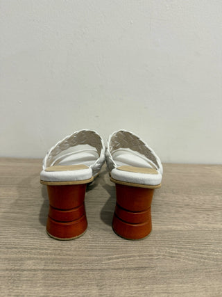 NWT Garces Bottier Woven Strap Round Block Heel Slide Sandals White Womens EU 38