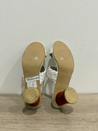 NWT Garces Bottier Woven Strap Round Block Heel Slide Sandals White Womens EU 38