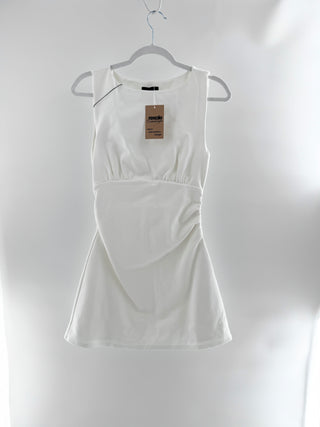 Majorelle sleeveless boat neckline, fitted ruched waist detailing, and softly flared mini skirt in a structured stretch fabric, S