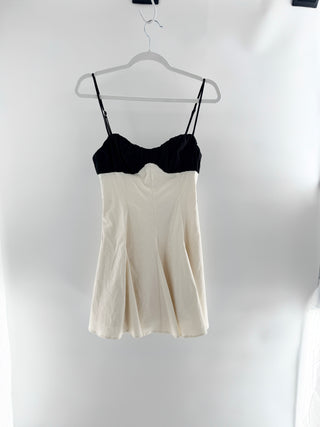 Lovers and Friends fit-and-flare mini dress featuring structured satin-style bodice with ruched bust detailing and delicate spaghetti straps, S