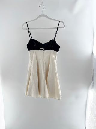 Lovers and Friends fit-and-flare mini dress featuring structured satin-style bodice with ruched bust detailing and delicate spaghetti straps, S
