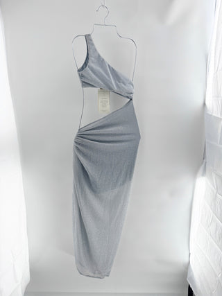 Baobab Zadeh one-shoulder maxi dress with dramatic asymmetrical cutouts and a shimmering metallic finish, S