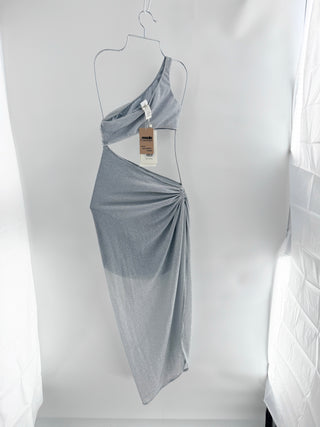 Baobab Zadeh one-shoulder maxi dress with dramatic asymmetrical cutouts and a shimmering metallic finish, S