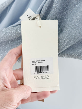 Baobab Zadeh one-shoulder maxi dress with dramatic asymmetrical cutouts and a shimmering metallic finish, S