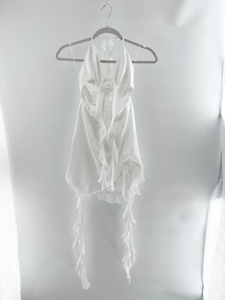 More To Come mini dress featuring plunging halter neckline, dramatic waist cutouts, and rosette detailing at center front, designed with flowy asymmetrical hem, S