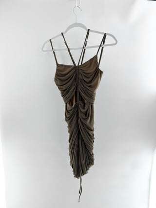 Michael Costello x Revolve ruched mini dress featuring dramatic gathered draping throughout, delicate spaghetti straps, bold cutout detailing at the waist, S