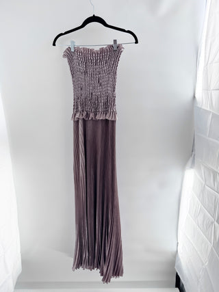 L'IDÉE Maya Satin Strapless Ruched Pleated Maxi Dress Suede Brown Womens Size 6