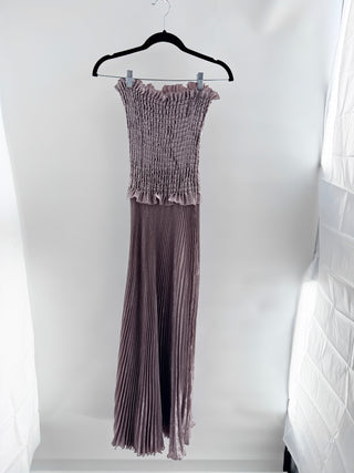 L'IDÉE Maya Satin Strapless Ruched Pleated Maxi Dress Suede Brown Womens Size 6