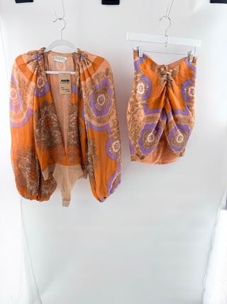 The dolls house paisley pattern blouse bodysuit and matching ruched mini skirt, S