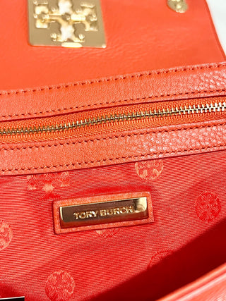 Tory Burch leather metal logo medium size flap bag
