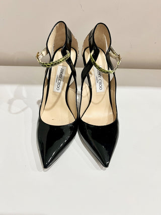 Jimmy Choo Black Patent Leather & Python Embossed Cut-out Buckled Pumps Heels 39