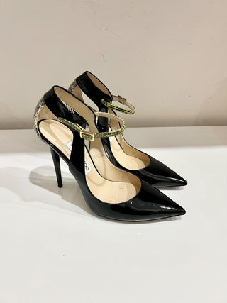 Jimmy Choo Black Patent Leather & Python Embossed Cut-out Buckled Pumps Heels 39