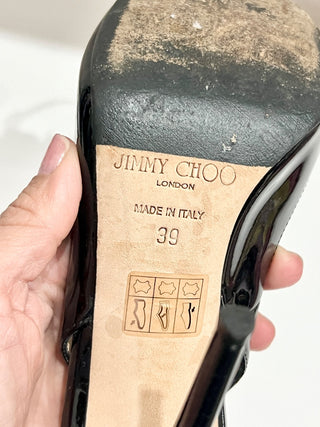 Jimmy Choo Black Patent Leather & Python Embossed Cut-out Buckled Pumps Heels 39