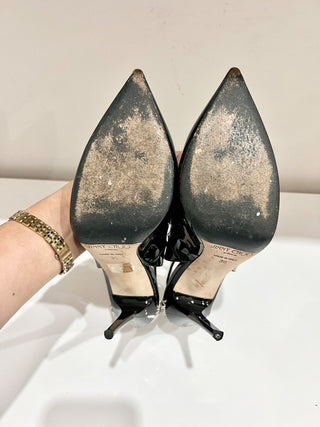 Jimmy Choo Black Patent Leather & Python Embossed Cut-out Buckled Pumps Heels 39