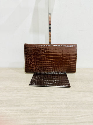 NWOT Max Mara Crocodile Texture Leather Clutch Wallet Brown