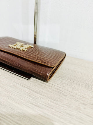 NWOT Max Mara Crocodile Texture Leather Clutch Wallet Brown