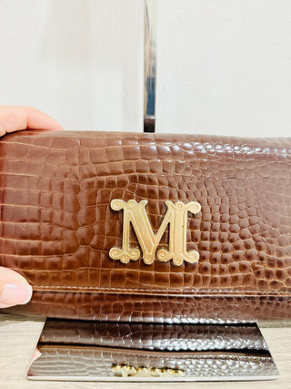 NWOT Max Mara Crocodile Texture Leather Clutch Wallet Brown