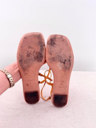 Prada Leather Buckle T-Strap Square Toe Flat Sandals Orange Women's EU 38.5