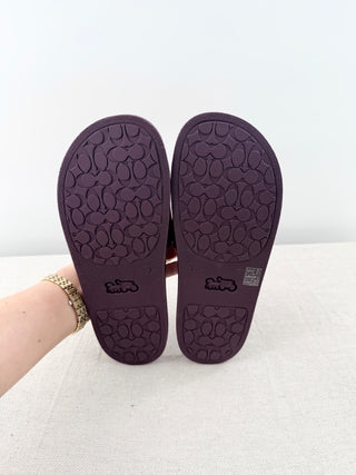 NWOT Coach Udele Logo Print Canvas Pool Slide Sandals Black Currant Women's 7