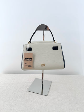 Parisa Wang Madison Colroblock Leather Top Handle Satchel Bag Cream Black