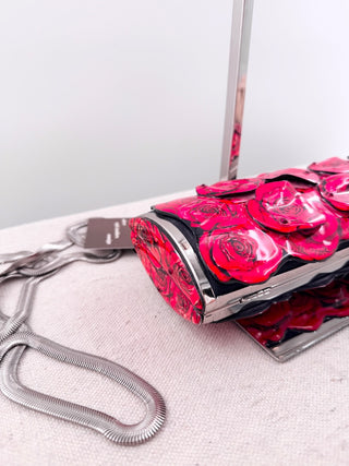 Debbie Brooks red rose hard shell clutch bag with strap