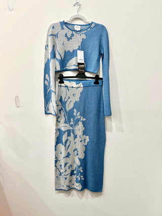 Misa Blue and White Set Long Cropped Top and Long Skirt, Top - S. Bottom - S