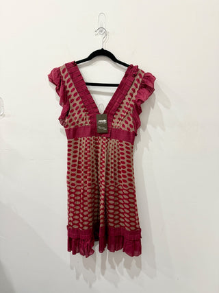 Development by Erica Davies Silk Ruffle Trim Deep V-Neck Mini Burgundy/Tan 2