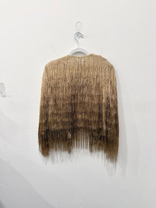 NWT Rachel Zoe Isla Metallic Fringe Open Front Cardigan Sweater Gold Women's XS