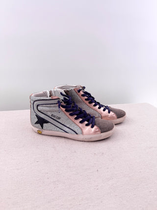 Golden Goose Embellished High Top Skateboard Sneakers Silver Pink Women's EU 37