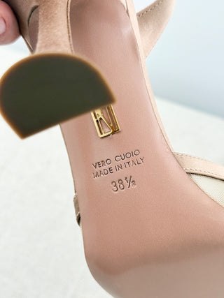 NWOT Britt Netta Esme Satin Trimmed Mesh Slingback Pump Beige Women EU 38.5