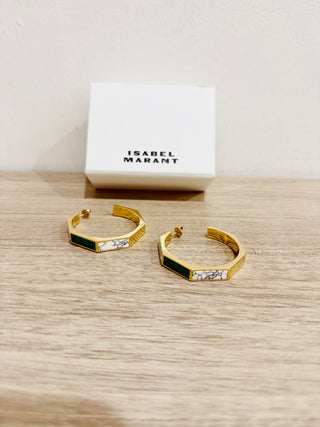 NWT Isabel Marant Gold-Tone Brass Green and White Inlay Boucle Hoop Earrings