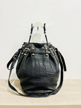 Alexander Wang Diego Pebbled Leather Rose Gold-Tone Hardware Bucket Bag Black