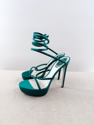 Rene Caovilla sparkly satin and crystal embellished wrap around platform heels, 40