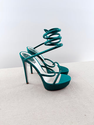 Rene Caovilla sparkly satin and crystal embellished wrap around platform heels, 40