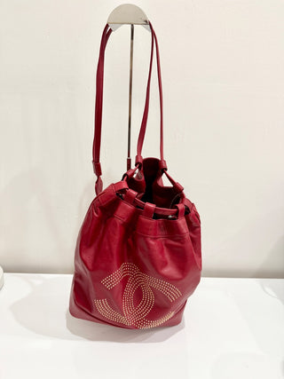 Chanel Red Leather Studded Logo Drawstring Bucket Duffel Bag