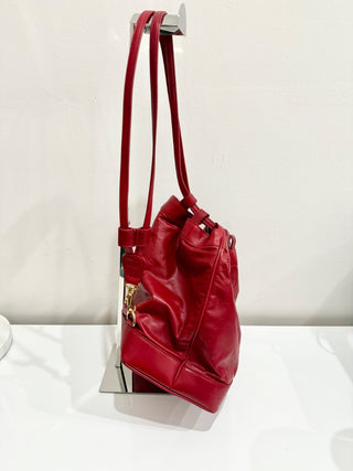 Chanel Red Leather Studded Logo Drawstring Bucket Duffel Bag