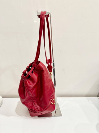 Chanel Red Leather Studded Logo Drawstring Bucket Duffel Bag
