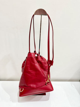 Chanel Red Leather Studded Logo Drawstring Bucket Duffel Bag