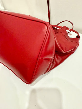 Chanel Red Leather Studded Logo Drawstring Bucket Duffel Bag
