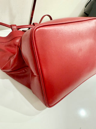 Chanel Red Leather Studded Logo Drawstring Bucket Duffel Bag