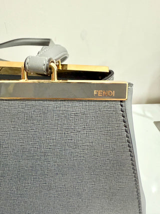 Fendi 2Jours Gray Textured Leather Double Shoulder Top Handle Handbag