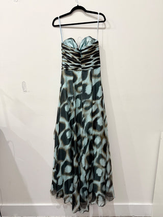 NWT Jovani Strapless Sweetheart Formal Silk Gown Maxi Dress Brown/Blue/Black 6