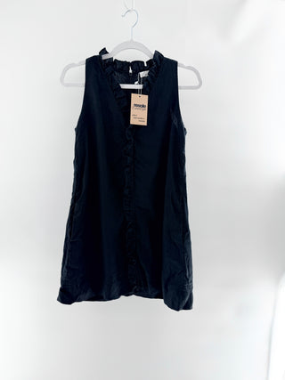 L'Academie sleeveless mini dress featuring plunging V-neckline with delicate ruffle trim in a lightweight linen blend, XS