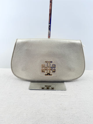 Tory Burch flap metallic leather clutch with logo